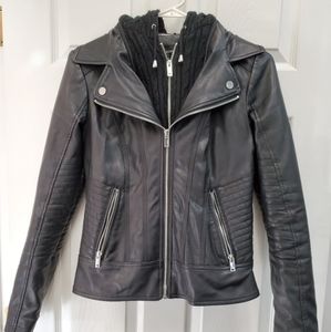 Faux leather jacket with removable hood